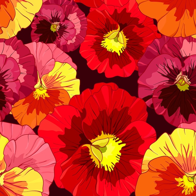 Bright red and orange flowers of pansy on a dark burgundy background seamless vector pattern