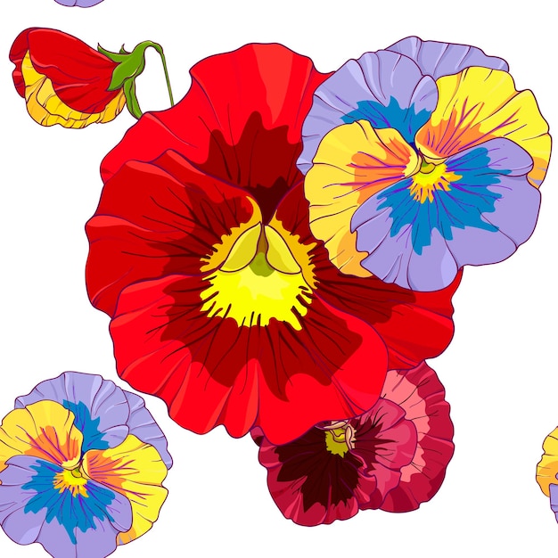 Bright red and orange flowers of pansy  seamless vector pattern hand drawing vector illustration