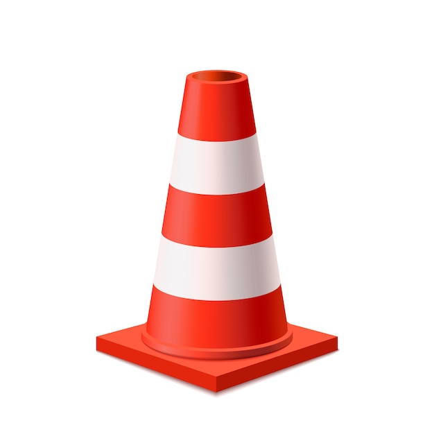 Bright red and white road cone  on white