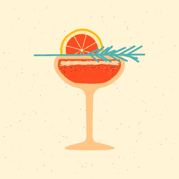 Vector bright retro cocktail drink glass with grapefruit and rosemary flat vector illustration