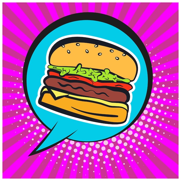 Bright retro comic speech bubble with burger sign