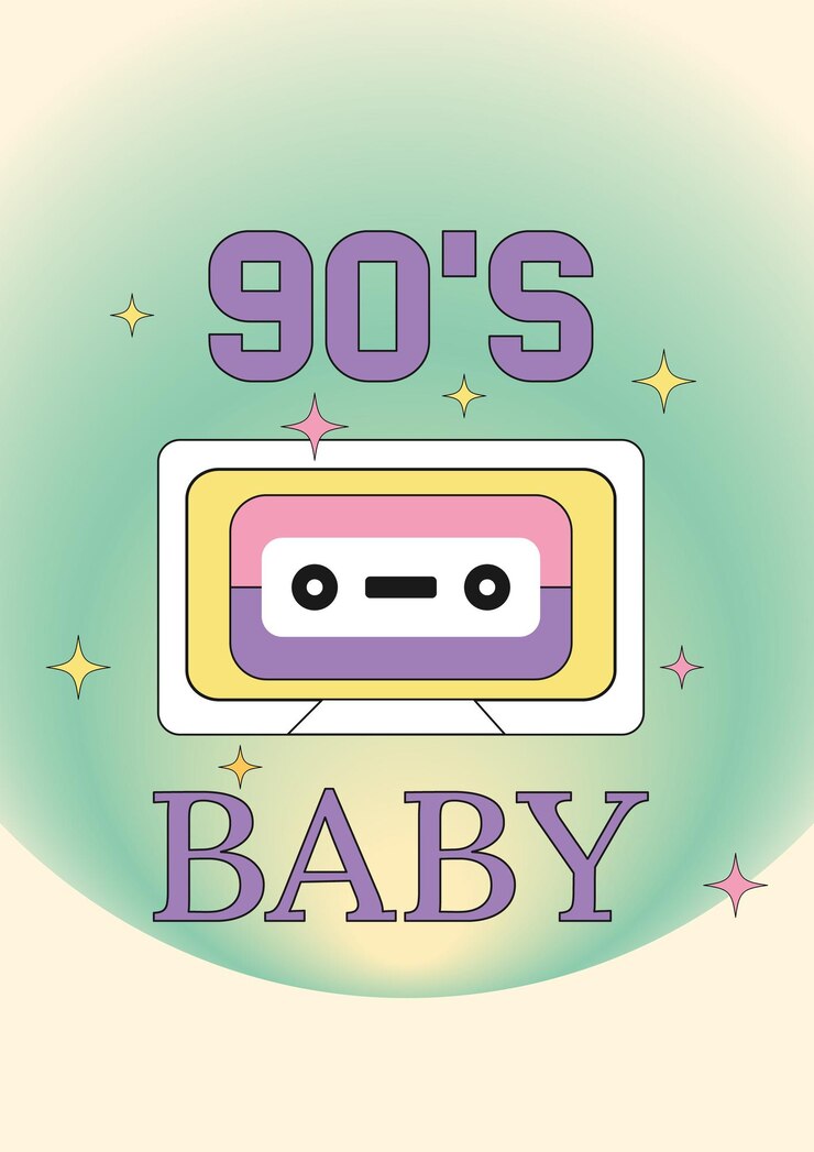 Vector bright retro poster with 90s baby text and cassette gradient vector background with typography composition in style of the 1990s