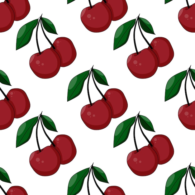 Bright ripe cherries in cartoon style with black outline seamless pattern on white background