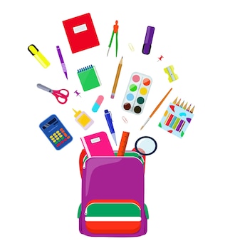 Uno zaino scolastico luminoso, una valigetta piena di cancelleria scolastica. penna, matita, righello, colori