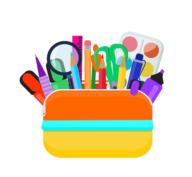 A bright school pencil case is filled with school stationery. vector