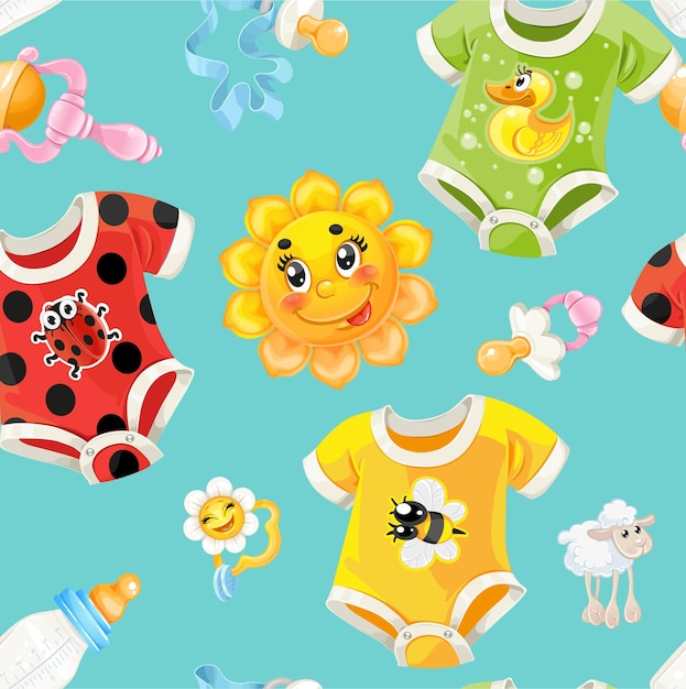Bright seamless background of children's clothes and toys