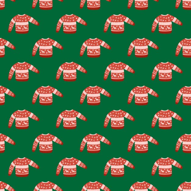 Bright seamless christmas pattern with warm sweater. red cozy clothes