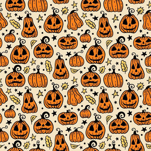Vector bright seamless pattern of horror cartoon orange halloween pumpkin on light