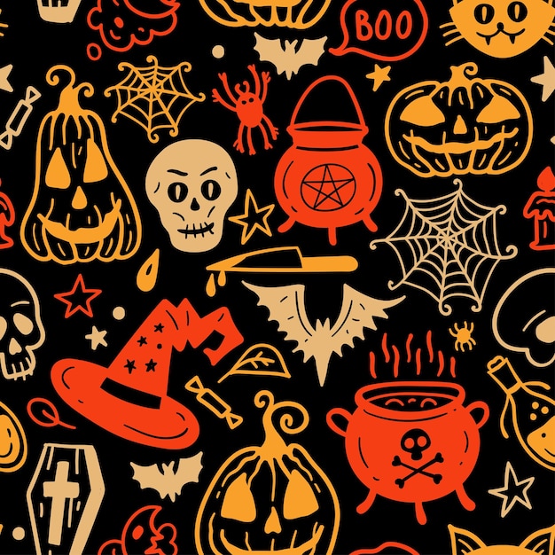 Bright seamless pattern of horror Halloween hand drawn doodle elements