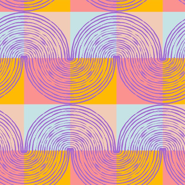Bright seamless pattern in pop art style Retro waves on different colors Ink drawing by hand