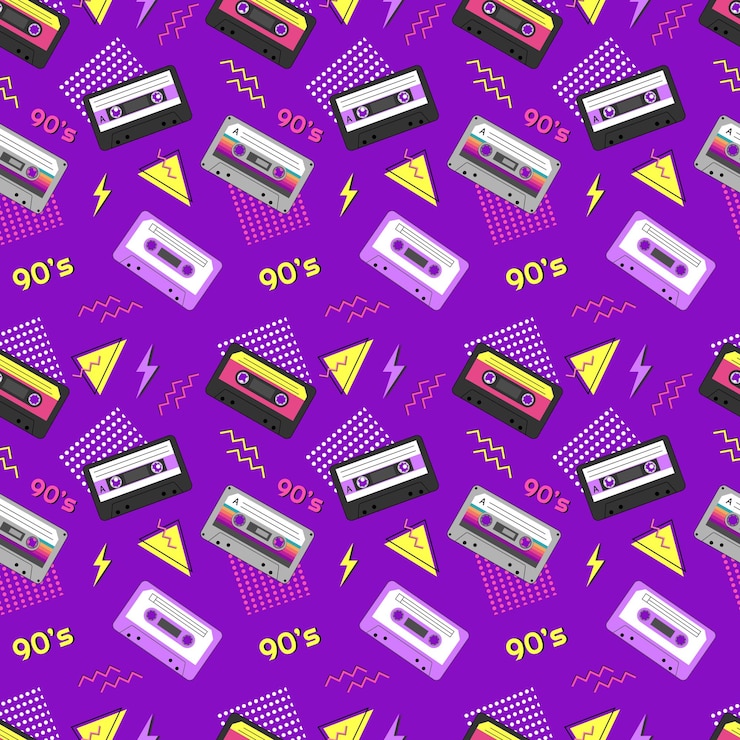 Vector bright seamless pattern in the style of the 90s with audio cassettes vector illustration
