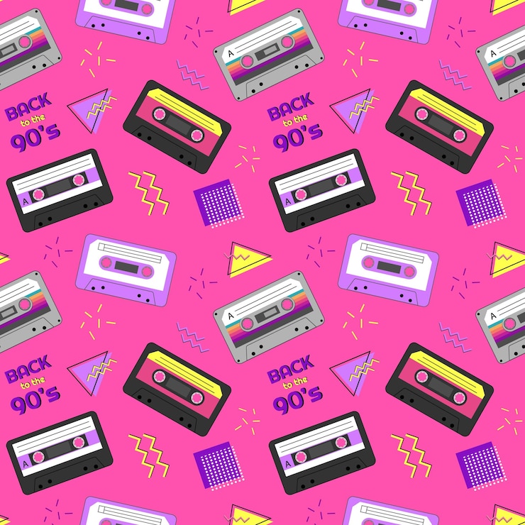 Vector bright seamless pattern in the style of the 90s with audio cassettes vector illustration
