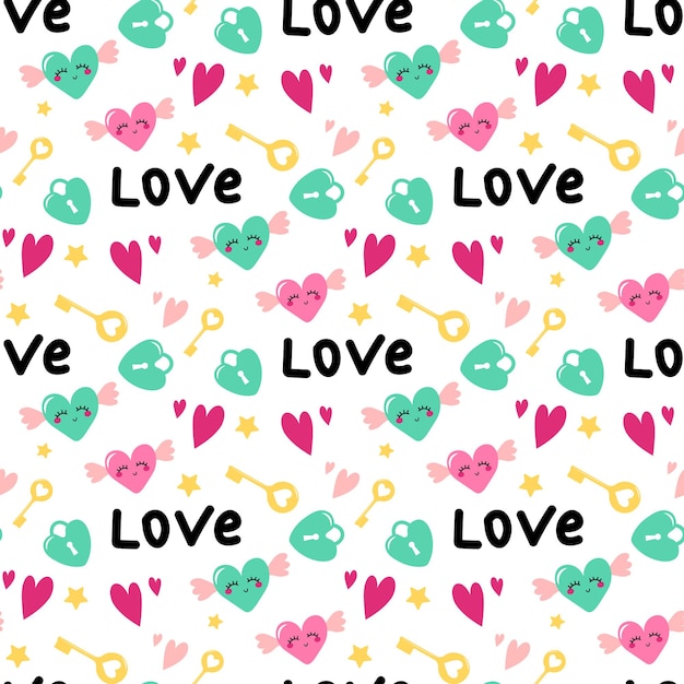 Bright seamless pattern for valentine day with locks keys and heart shaped face