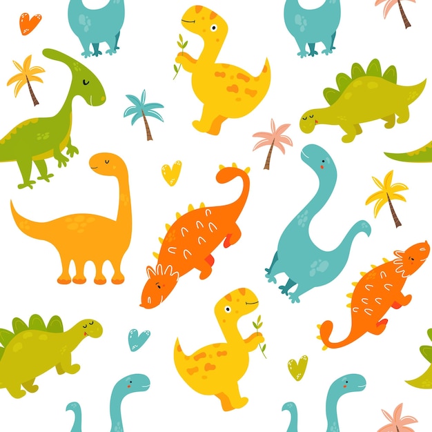 Bright seamless pattern with cute dinosaurs