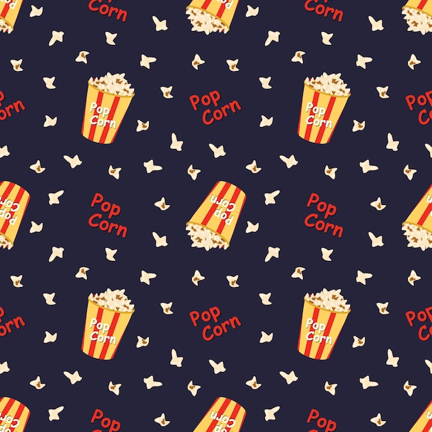 Vector bright seamless pattern with a festive box with popcorn words and spot cute print for cinema theatre...