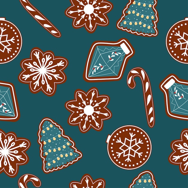 Bright seamless pattern with gingerbread cookies Christmas candy cane snowflake and tree design
