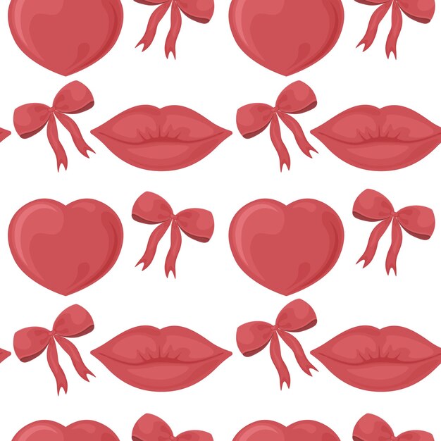 Modello senza cuciture luminoso con l'immagine di labbra, cuori e fiocchi. un modello sexy per san valentino. modello festivo per la stampa e il confezionamento. illustrazione vettoriale.