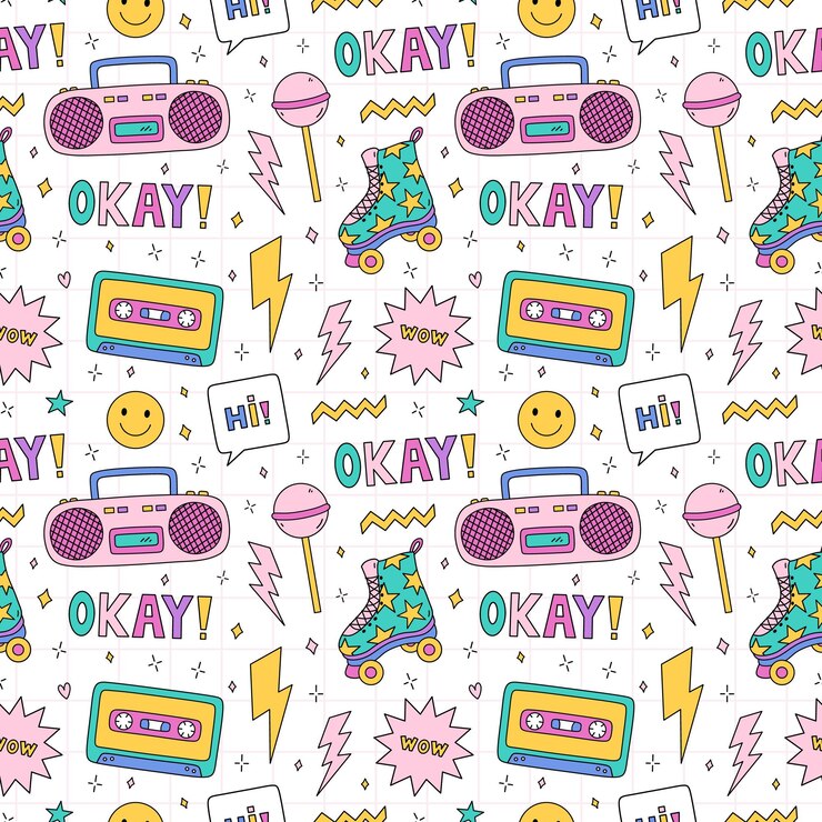 Vector bright seamless pattern with items from the nineties nostalgia for the 1990
