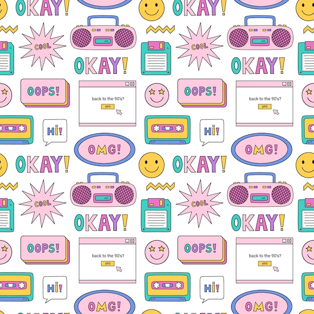 Vector bright seamless pattern with items from the nineties nostalgia for the 1990s. funny doodle print.
