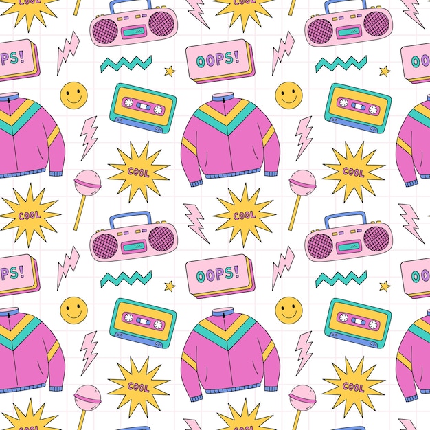 Vector bright seamless pattern with items from the nineties nostalgia for the 1990s