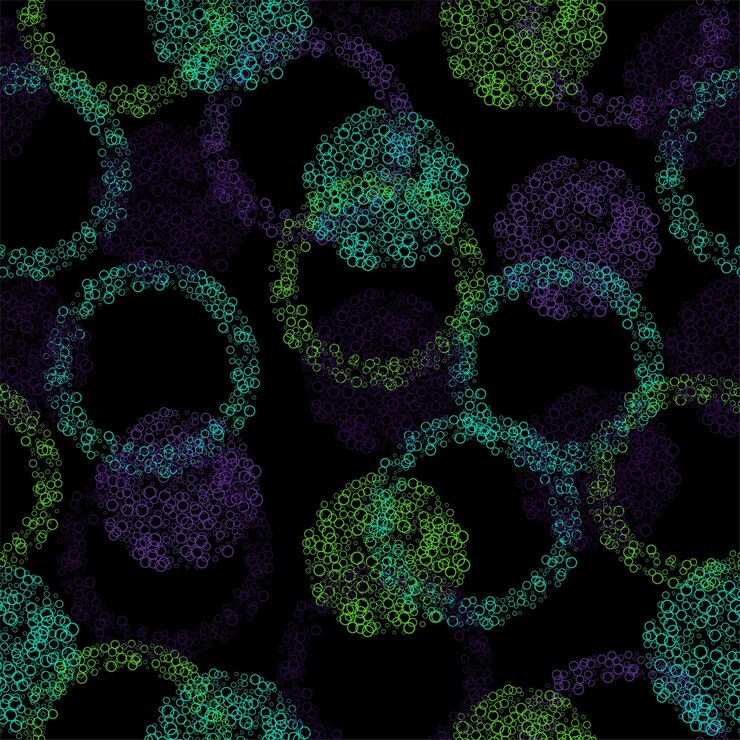 Vector bright seamless pattern with multicolor textured watercolor dots on black background
