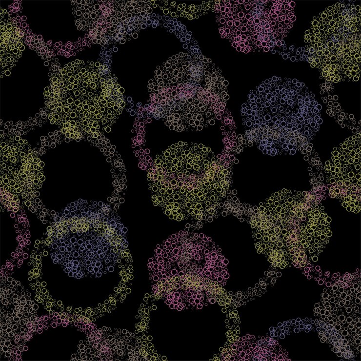 Vector bright seamless pattern with multicolor textured watercolor dots on black background