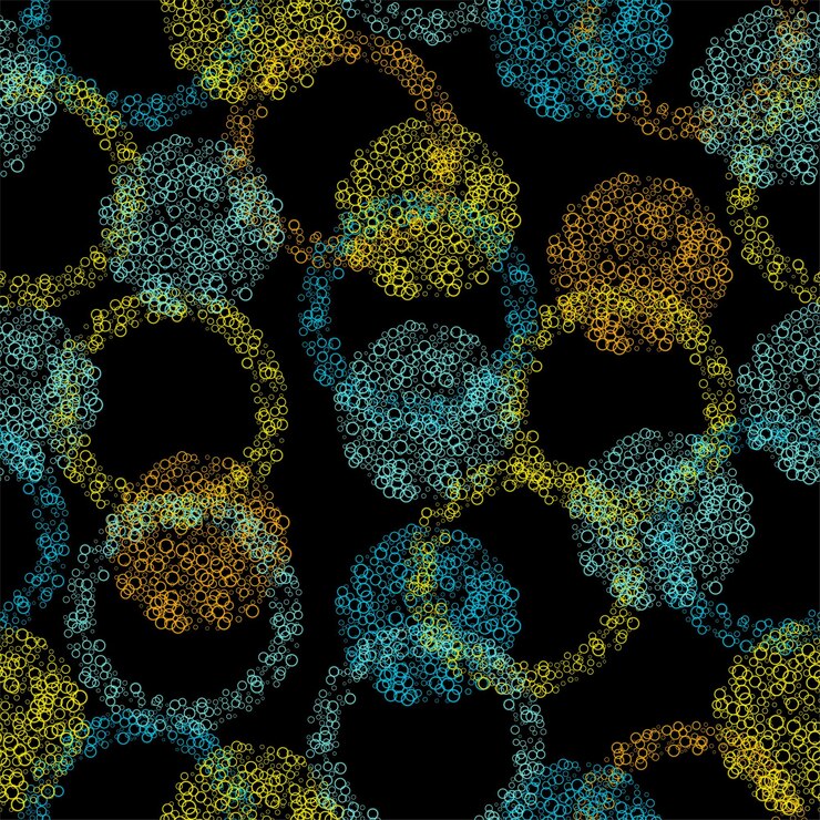 Vector bright seamless pattern with multicolor textured watercolor dots on black background