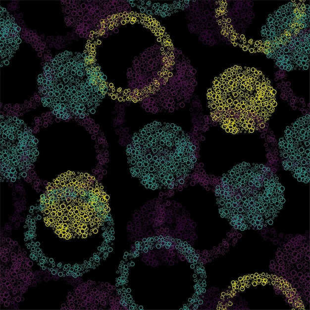 Bright seamless pattern with multicolor textured watercolor dots on black background