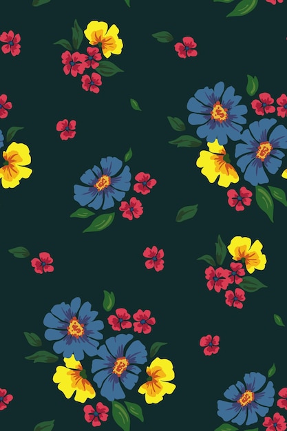 Bright seamless pattern with small bouquets of wildflowers. Multicolored flower heads on a dark background. Vector illustration.