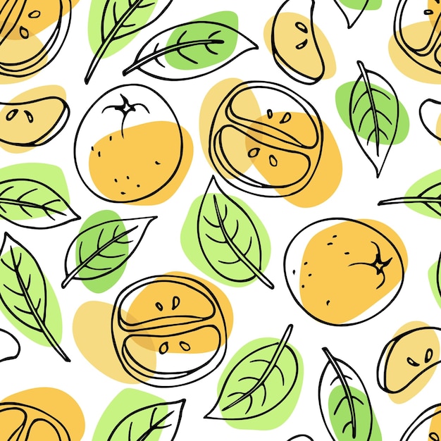 Vector bright seamless pattern with tangerine fruit and leaves mandarins hand drawn vector doodle sketch