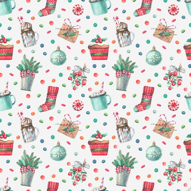 Bright seamless pattern with watercolor Christmas illustrations.