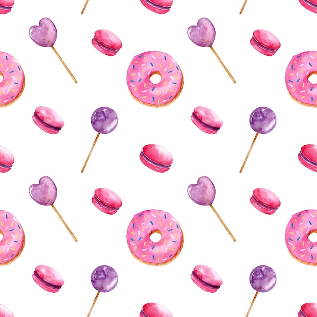 bright seamless pattern with watercolor donuts with sprinkles, purple lollipops and pink macarons