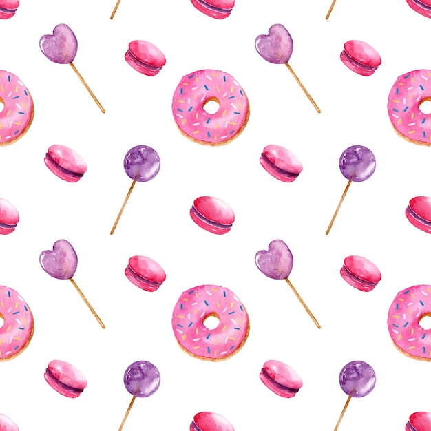 Bright seamless pattern with watercolor donuts with sprinkles, purple lollipops and pink macarons