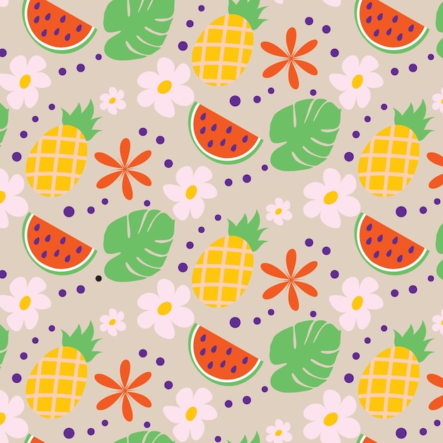 Vector bright seamless summer pattern in trendy colors with hand drawn summer elements