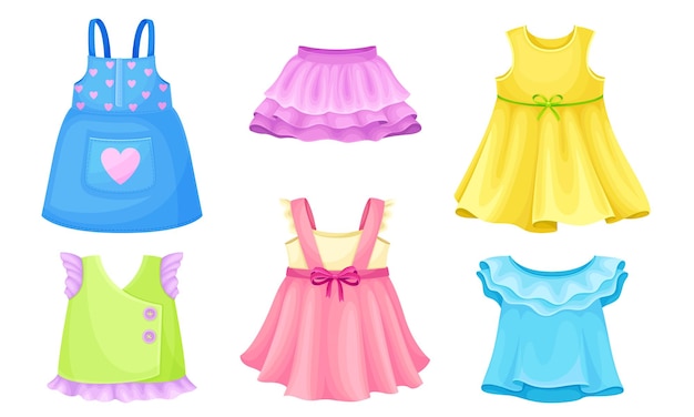 Vector bright seasonal clothes for girls with sleeveless dress and flared skirt vector set