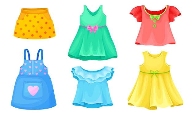 Vector bright seasonal clothes for girls with sleeveless dress and flared skirt vector set