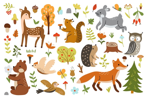 Bright set of cute forest animals with elements of nature ideal for scrapbooking postcards posters t