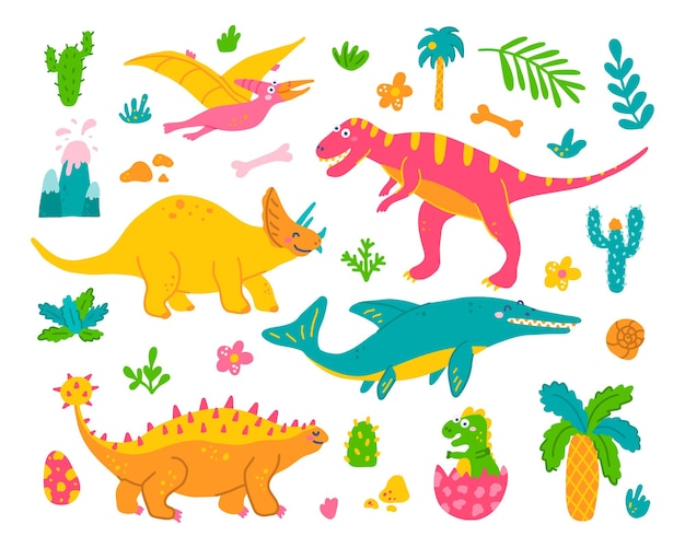 Bright set of dinosaurs and plants on white background in hand drawn style vector flat illustration