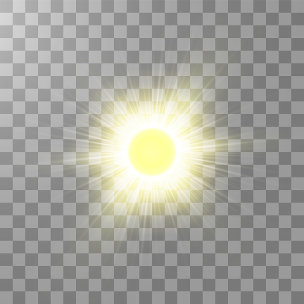 Яркое сияющее солнце изолированное на прозрачной предпосылке. свечение световой эффект.