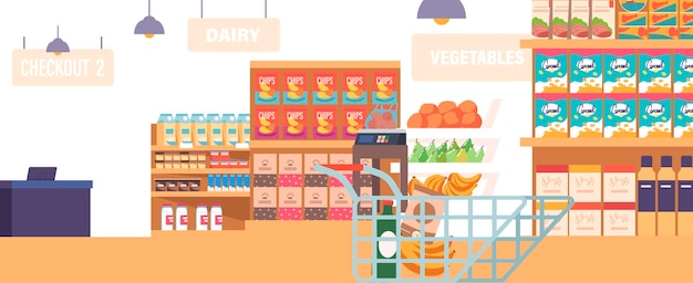 Vector bright and spacious the supermarket interior is filled with neatly arranged aisles stocked shelves vector illustration