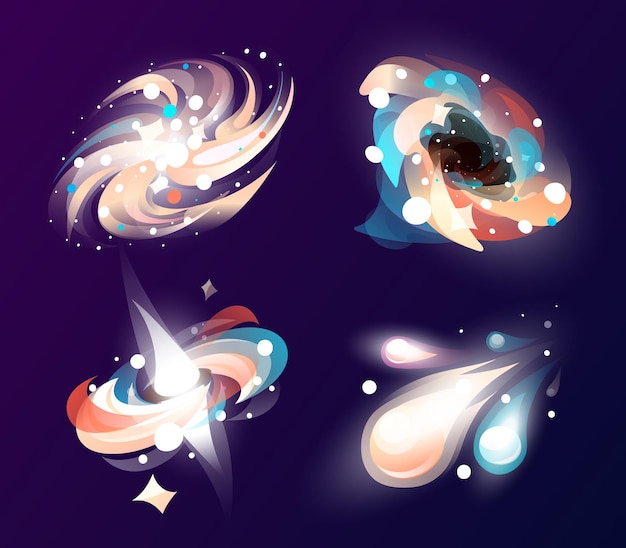 Vector bright splash in space creating black hole in galaxy set or collection of bright space icons