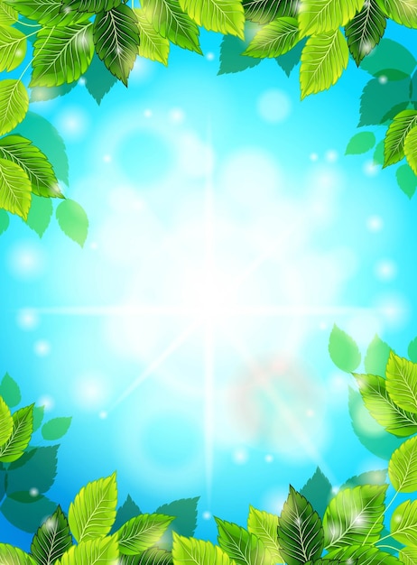 Bright spring realistic background blue sky green leaves