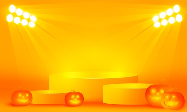 Bright stadium neon lights orange halloween podium background purple podium three step with pumpkin funny face for product display vector illustration