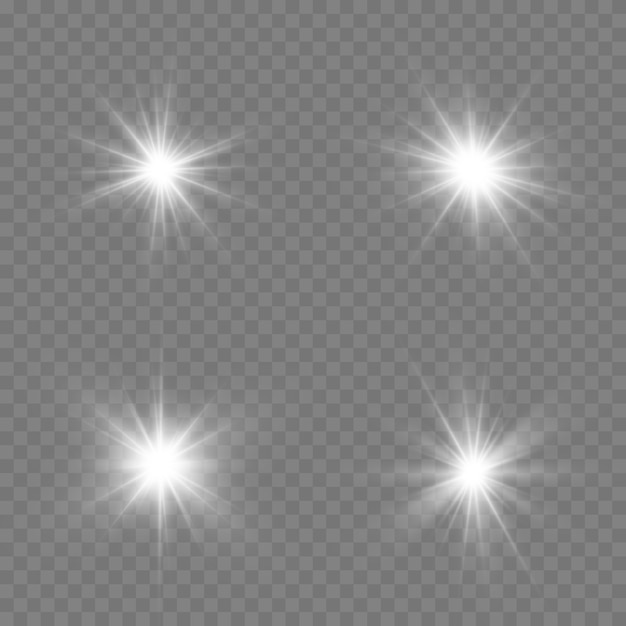 Bright Star. Transparent shining sun, bright flash. White glowing light explodes on a transparent background. Sparkling magical dust particles.