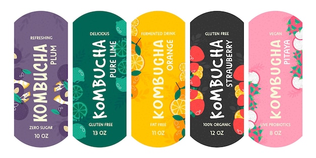 Vettore set di adesivi luminosi per il pacchetto kombucha pubblicità di bevande fermentate naturali nell'illustrazione vettoriale della raccolta di etichette emblema del prodotto biologico vegano con frutti piatti colorati