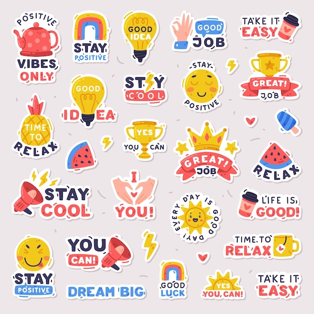 Vector bright stickers design with positive saying vector set