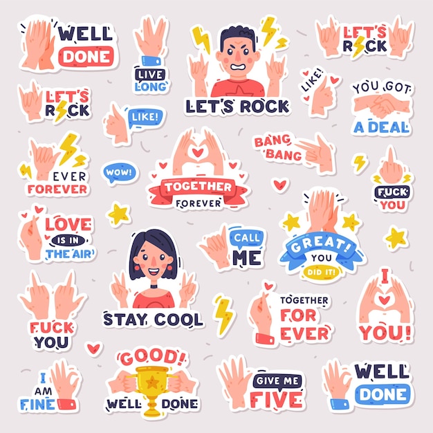 Bright stickers design with positive saying vector set