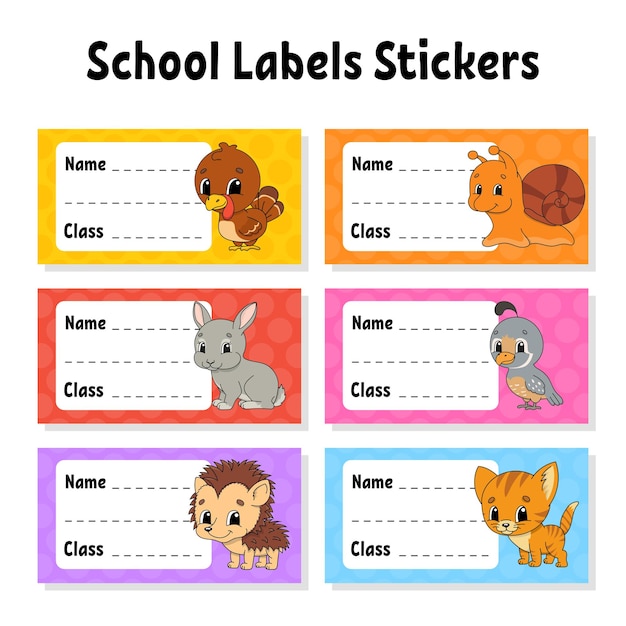 Bright stickers Name and class Back to school labels Set stickers for notebook Rectangular label Color vector isolated illustration