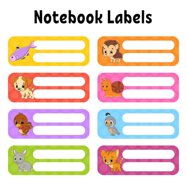 Bright stickers School labels for books and notebooks Rectangular label Color vector isolated illustration