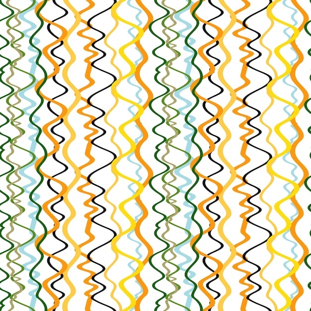 Яркий полосатый узор из вертикальных волнистых линий желтого, оранжевого, зеленого цветов. Бесшовное векторное изображение